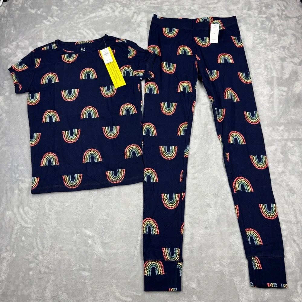 GAP KIDS Rainbow Heart Pajama Set Kids Size 14 Navy Blue Snug Fit Cotton NWT